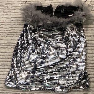 Silver Sequin Skirt with Feather Trim